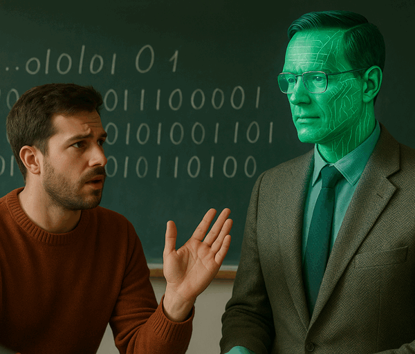 A student argues with a green AI hybrid teacher in a classroom as binary code fills the chalkboard behind them.
