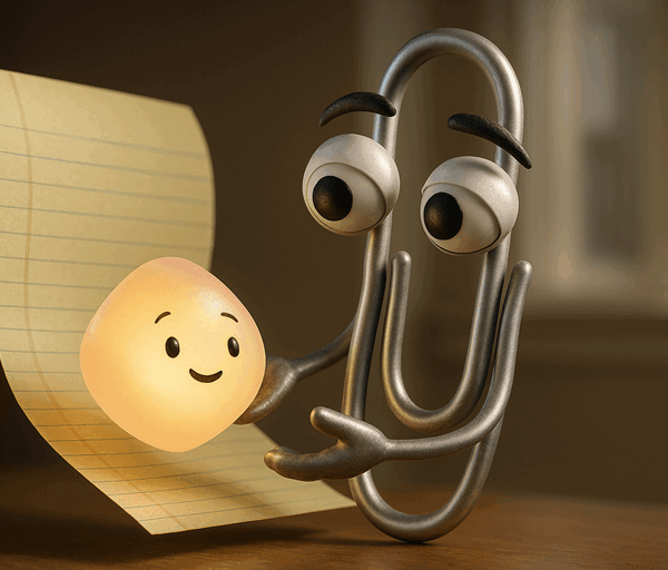 Photorealistic image of Clippy gently handing a glowing orb, Mico, symbolising the passing of roles between digital assistants.