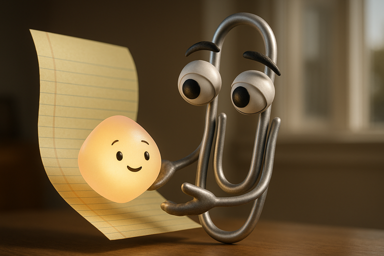 Photorealistic image of Clippy gently handing a glowing orb, Mico, symbolising the passing of roles between digital assistants.
