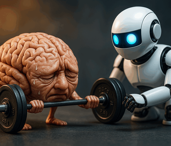 A tired, weakened brain struggles to lift a barbell while a helpful robot takes over most of the effort in a vibrant scene.