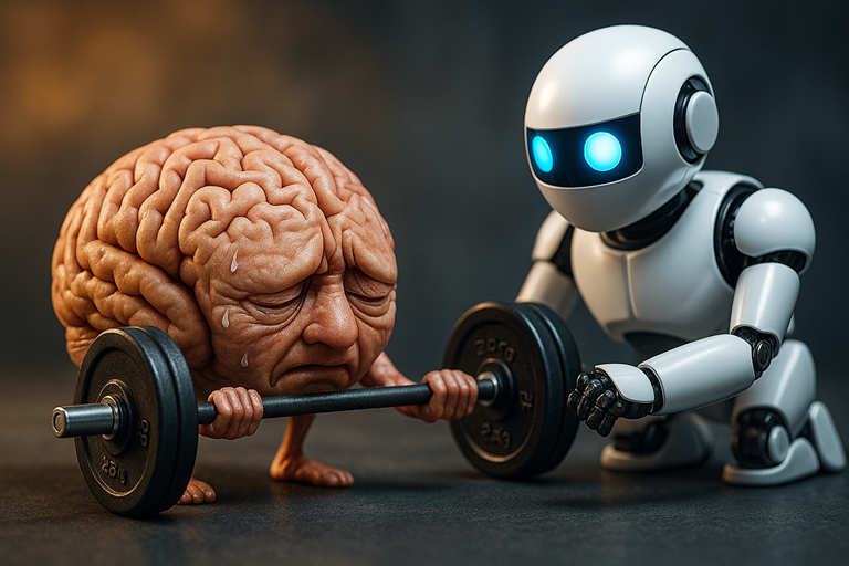 A tired, weakened brain struggles to lift a barbell while a helpful robot takes over most of the effort in a vibrant scene.