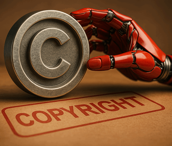 A red robotic hand holds a metallic copyright symbol on a wooden surface, symbolising the clash between artificial intelligence and copyright law.