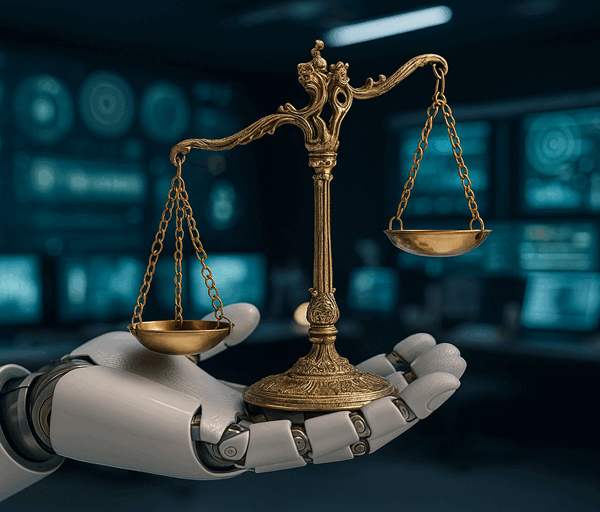 A robotic hand holds ornate brass balance scales in a futuristic control room filled with glowing computer screens and digital interfaces.