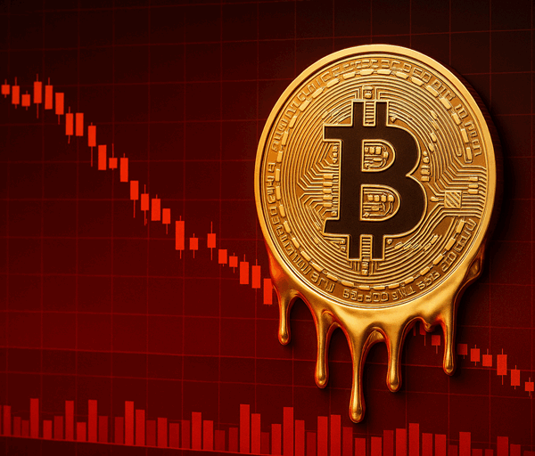 A melting gold Bitcoin coin drips over a red financial chart as the graph sharply declines, symbolising a dramatic cryptocurrency market downturn.