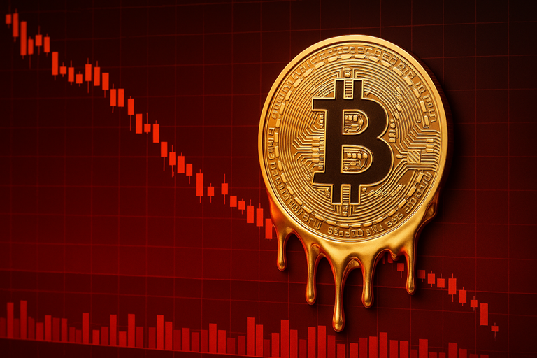 A melting gold Bitcoin coin drips over a red financial chart as the graph sharply declines, symbolising a dramatic cryptocurrency market downturn.