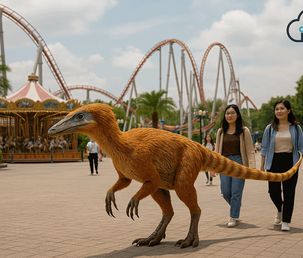 A lifelike feathered dinosaur walks through a sunny amusement park with rollercoasters and people smiling, watching, and photographing the scene.