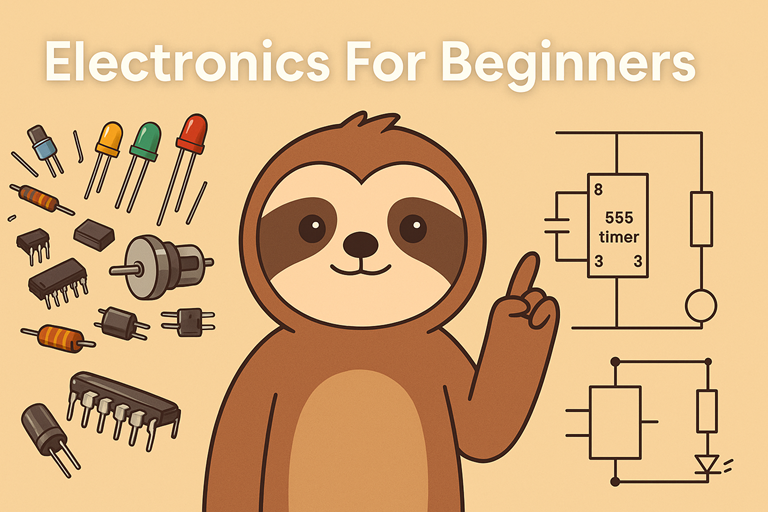 A friendly cartoon sloth surrounded by colourful electronic components and simple circuit diagrams with the title Electronics For Beginners in a landscape layout.