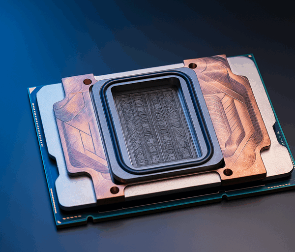 Close up of a computer chip featuring copper microfluidic cooling channels on a blue background highlighting advanced AI cooling technology.