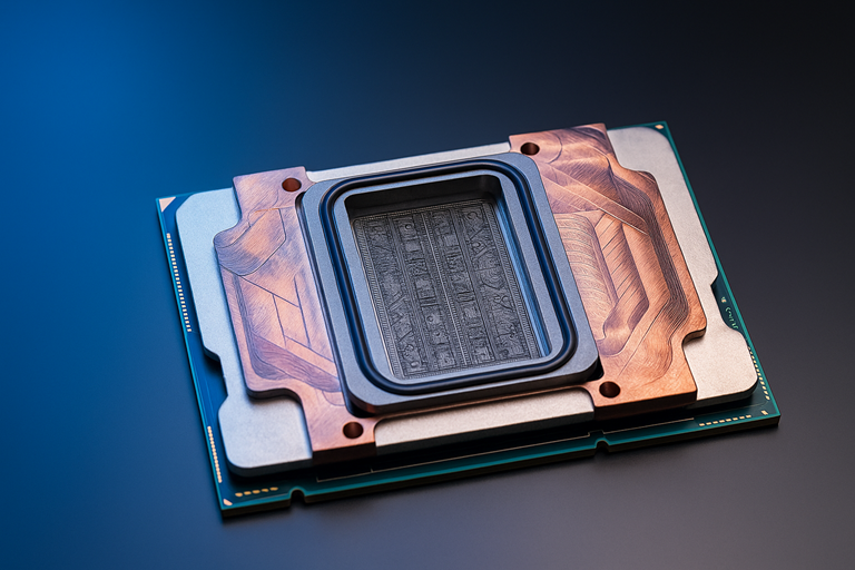 Close up of a computer chip featuring copper microfluidic cooling channels on a blue background highlighting advanced AI cooling technology.