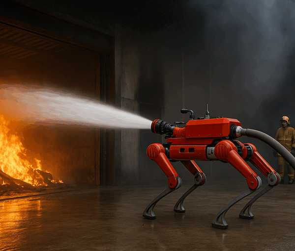 A red robot dog sprays water at a warehouse fire while two firefighters watch from a safe distance through heavy smoke.