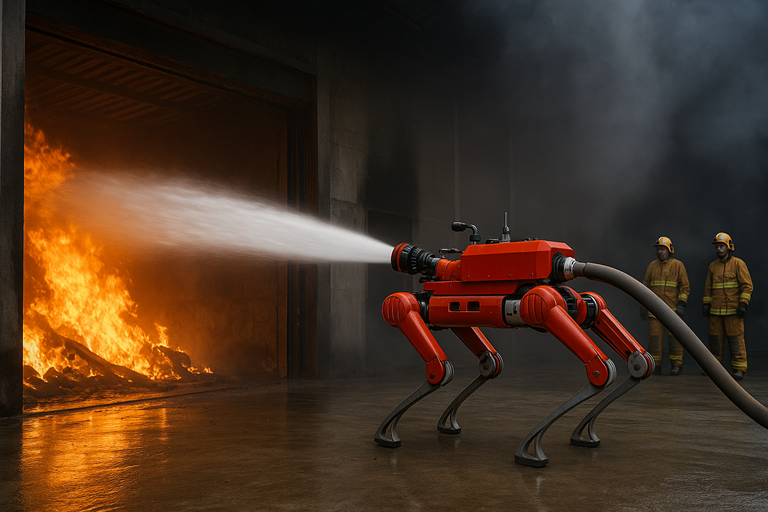 A red robot dog sprays water at a warehouse fire while two firefighters watch from a safe distance through heavy smoke.