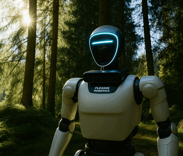 A humanoid robot with glowing blue facial lights stands in a sunlit forest clearing surrounded by tall trees, moss, rocks and soft natural light.
