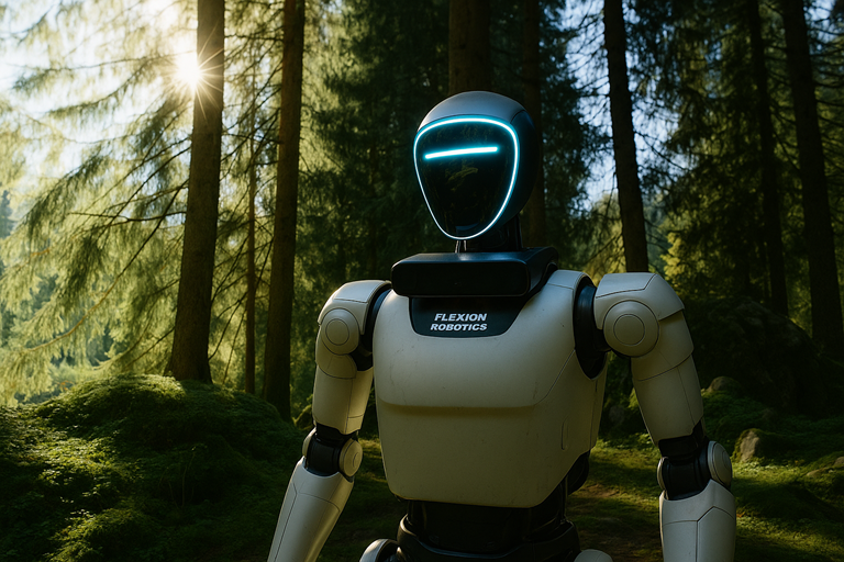 A humanoid robot with glowing blue facial lights stands in a sunlit forest clearing surrounded by tall trees, moss, rocks and soft natural light.