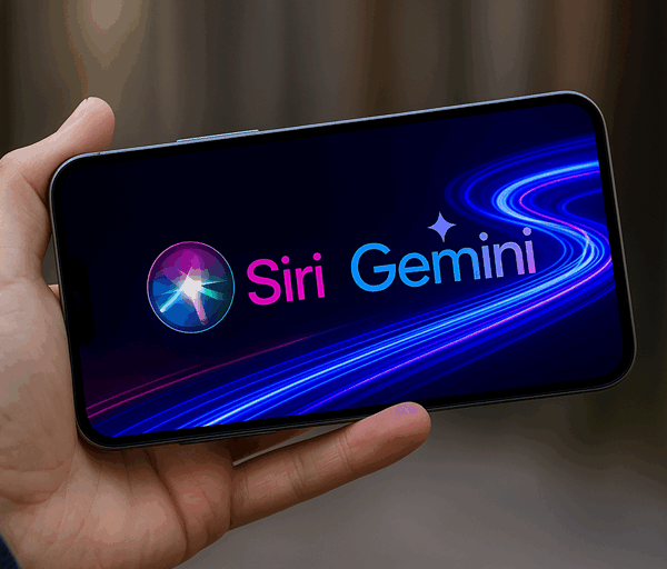 A person holds a smartphone in landscape mode displaying Siri and Gemini logos with glowing blue and pink light trails on the screen.