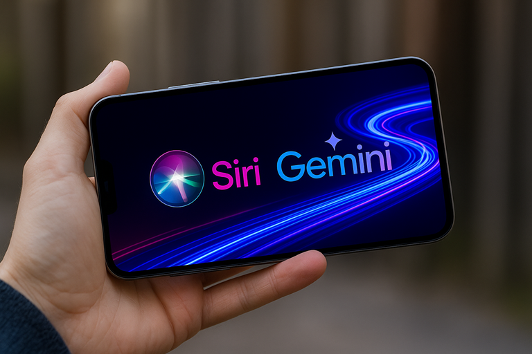 A person holds a smartphone in landscape mode displaying Siri and Gemini logos with glowing blue and pink light trails on the screen.