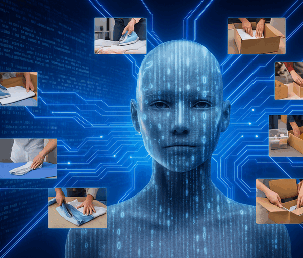 A digital humanoid face surrounded by glowing data streams and floating video screens showing ironing, folding, and packing tasks in motion.