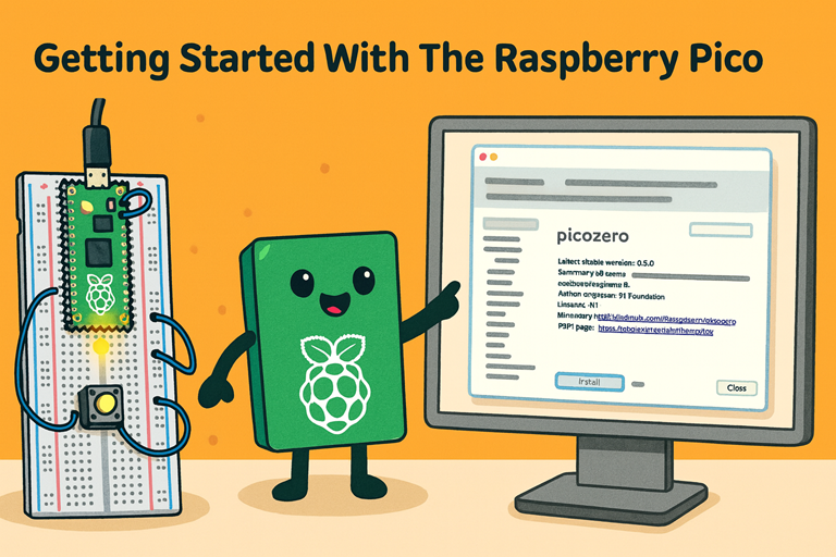 Cartoon Raspberry Pi Pico on a breadboard with glowing LED and wires beside a computer screen showing the Thonny picozero plugin installation.