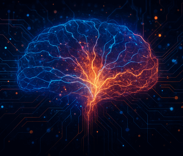Vibrant digital artwork of a glowing neural network shaped like a brain, with electric blue and orange connections on a dark background.