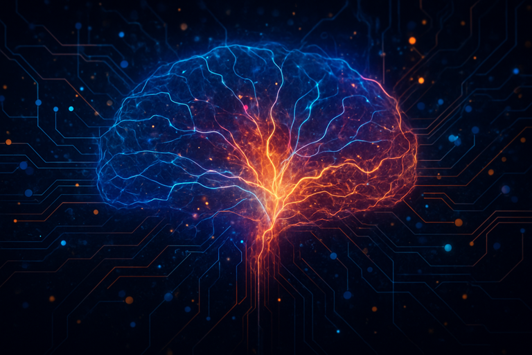 Vibrant digital artwork of a glowing neural network shaped like a brain, with electric blue and orange connections on a dark background.