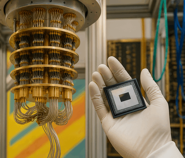 A close-up of Google’s Quantum Willow processor on a metallic surface, showing the Quantum AI logo with sleek lighting and futuristic design.