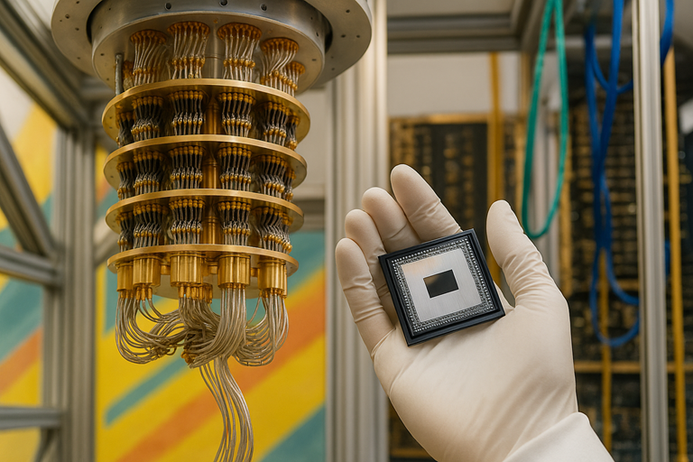 A close-up of Google’s Quantum Willow processor on a metallic surface, showing the Quantum AI logo with sleek lighting and futuristic design.