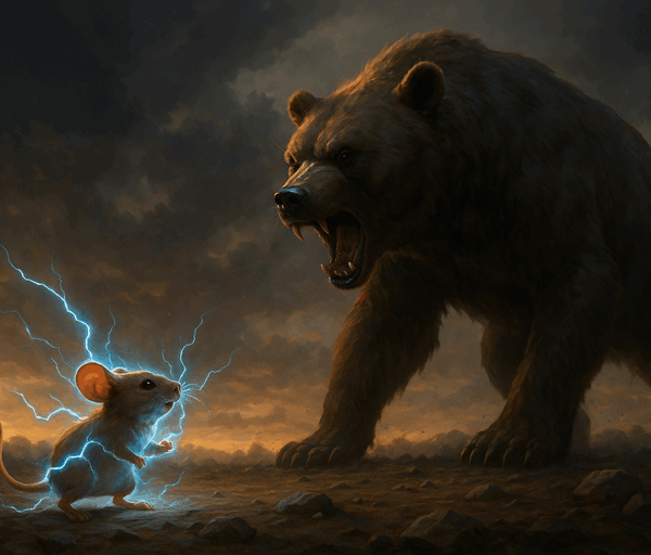 A small mouse crackling with blue lightning faces a roaring bear under stormy skies, symbolising small AI models challenging larger ones.