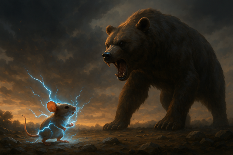 A small mouse crackling with blue lightning faces a roaring bear under stormy skies, symbolising small AI models challenging larger ones.