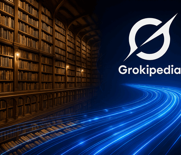 A grand wooden library pours streams of glowing blue digital light toward the Grokipedia logo, symbolising knowledge flowing into an AI system.