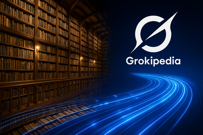 A grand wooden library pours streams of glowing blue digital light toward the Grokipedia logo, symbolising knowledge flowing into an AI system.