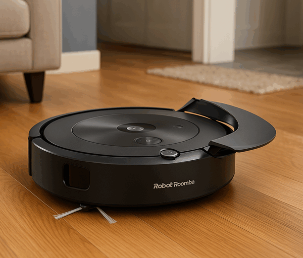 A black Roomba robot vacuum moves across a warm wooden floor in a modern living room with soft natural light and furniture.