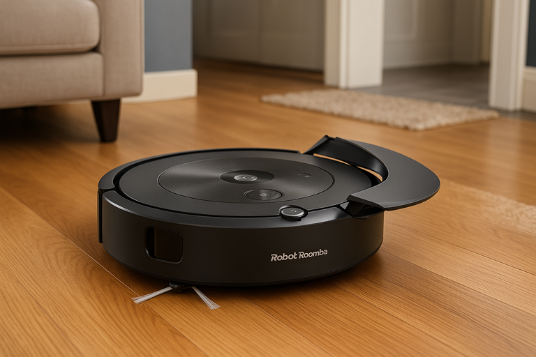 A black Roomba robot vacuum moves across a warm wooden floor in a modern living room with soft natural light and furniture.