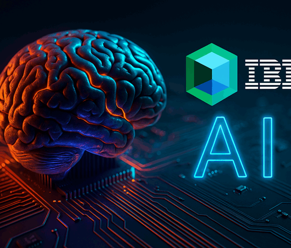 Photo-realistic image of a glowing human brain on a circuit board beside IBM and AI logos, symbolising advanced edge computing intelligence.