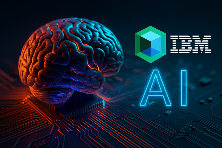 Photo-realistic image of a glowing human brain on a circuit board beside IBM and AI logos, symbolising advanced edge computing intelligence.