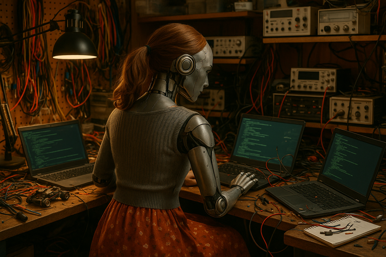 A humanoid robot with auburn hair works between two laptops in a cluttered workshop filled with wires, tools, and glowing screens.