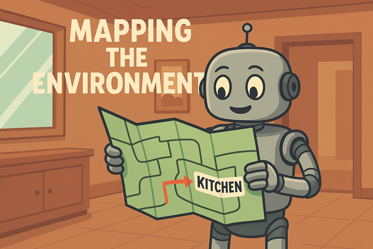 A friendly cartoon robot stands indoors holding a green map labeled “Kitchen,” smiling beneath the bold text “Mapping The Environment.”