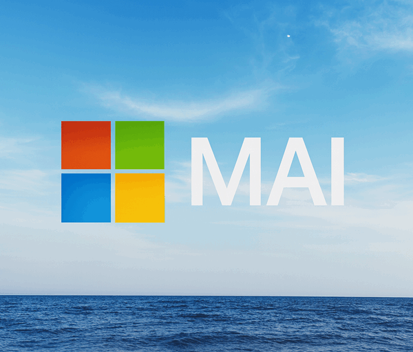 The Microsoft MAI logo appears above a calm ocean under a bright blue sky with soft clouds and clear horizon.