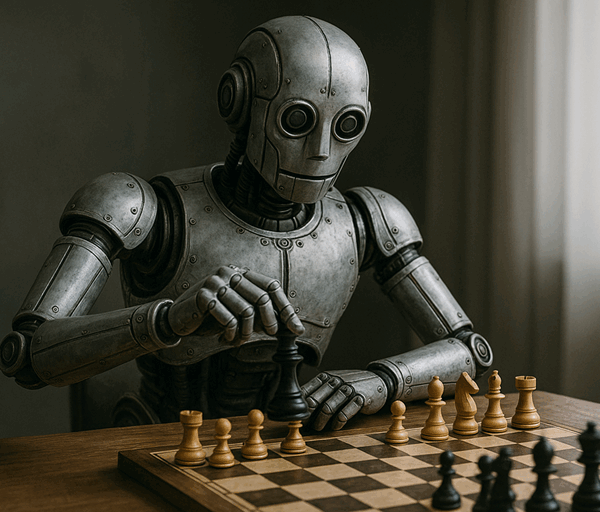 A metallic humanoid robot sits at a table playing chess, delicately lifting a piece while facing an arranged board in soft natural light.