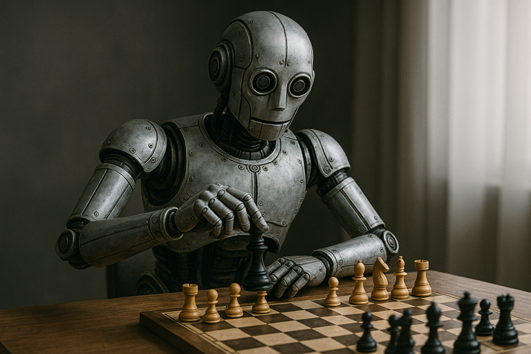 A metallic humanoid robot sits at a table playing chess, delicately lifting a piece while facing an arranged board in soft natural light.