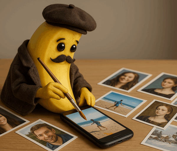 A banana dressed as an artist with a beret paints on smartphone photos using a brush, surrounded by printed pictures.