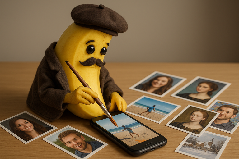 A banana dressed as an artist with a beret paints on smartphone photos using a brush, surrounded by printed pictures.