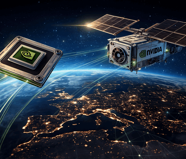 A photorealistic satellite with an Nvidia GPU orbits Earth at night with glowing data streams connecting illuminated continents below.