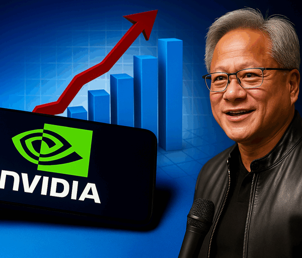 Nvidia CEO Jensen Huang speaks beside rising financial graph and glowing Nvidia logo, symbolising strong company growth and surging AI demand.