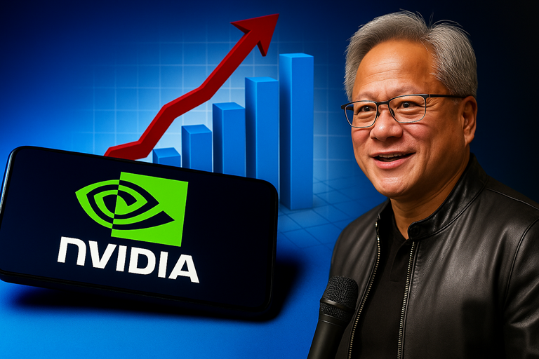 Nvidia CEO Jensen Huang speaks beside rising financial graph and glowing Nvidia logo, symbolising strong company growth and surging AI demand.