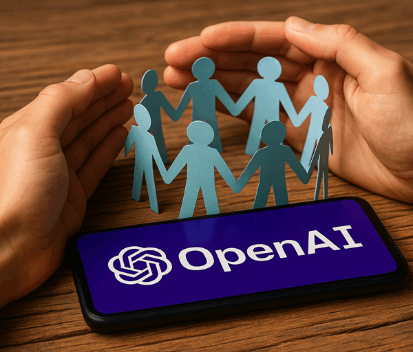 A smartphone displaying the OpenAI logo rests on a wooden surface, surrounded by a circle of blue paper cut-out figures representing people. Two hands gently cup the figures, symbolising protection, safety, and community around AI technology.