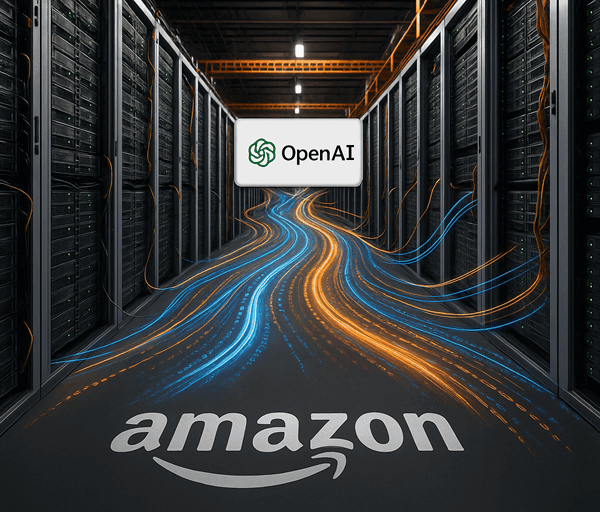 Photorealistic image of an Amazon data centre with glowing blue data streams, servers, and Amazon and OpenAI logos symbolising collaboration.