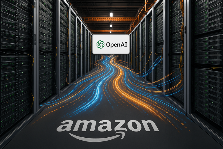 Photorealistic image of an Amazon data centre with glowing blue data streams, servers, and Amazon and OpenAI logos symbolising collaboration.