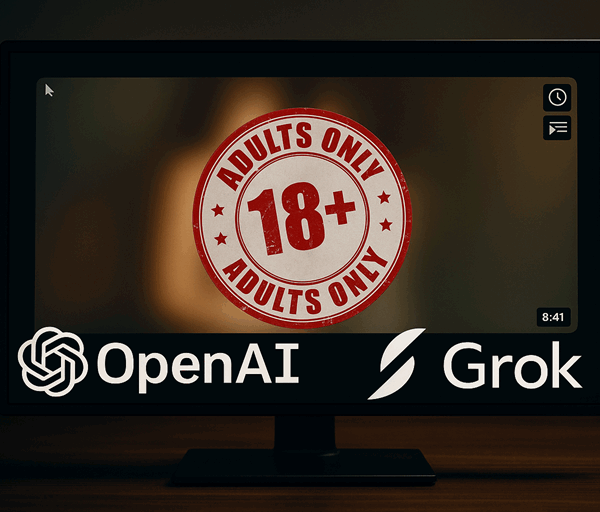 Here is a 20 word alt text: A monitor displays a blurred adult content screen with a large red 18 plus warning and OpenAI and Grok logos.