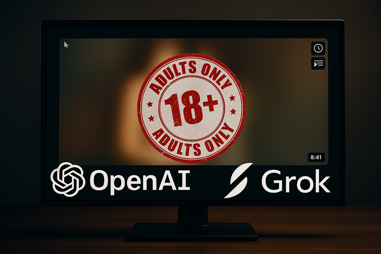 Here is a 20 word alt text: A monitor displays a blurred adult content screen with a large red 18 plus warning and OpenAI and Grok logos.