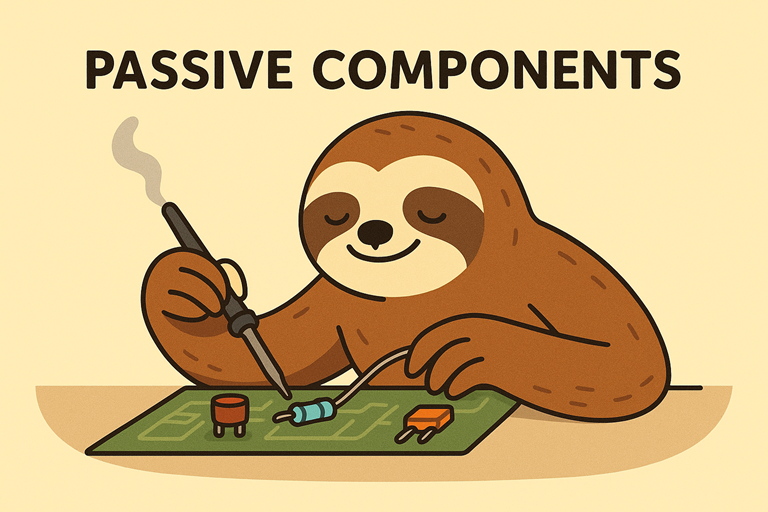 A cartoon sloth calmly solders passive components onto a circuit board, surrounded by a resistor, capacitor and inductor on a soft yellow background.