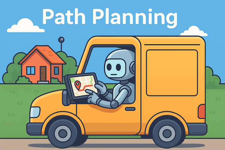 A friendly cartoon robot drives a yellow delivery truck while checking a GPS as it navigates toward a house, illustrating path planning.